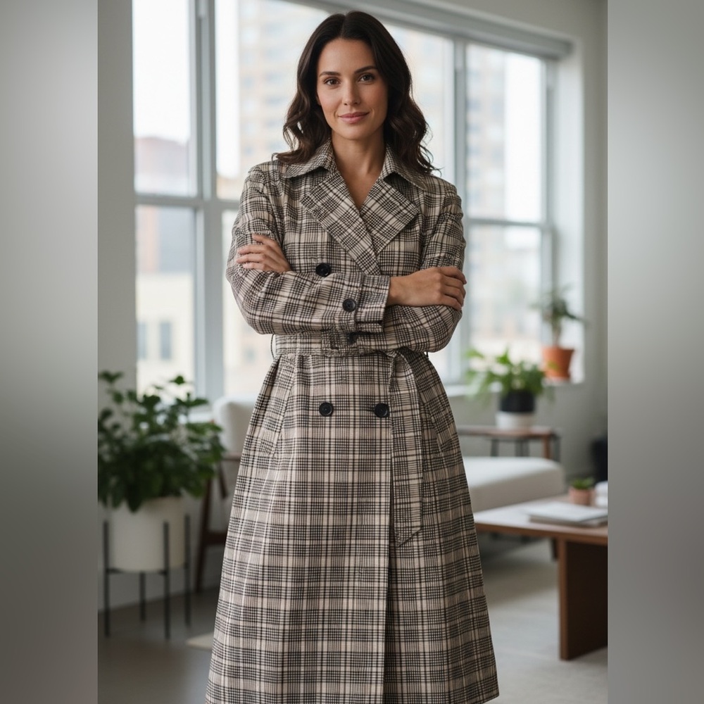 NWT Tahari Plaid Trench Coat Double Breasted Belted Tan Black Check Long Jacket